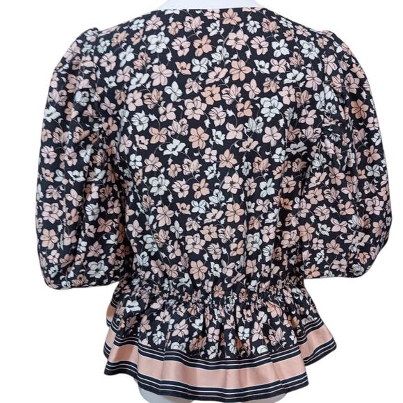CLUB MONACO Floral Blouse Top L Peplum Puff Short Sleeves Pink Black Cottage - Picture 3 of 11